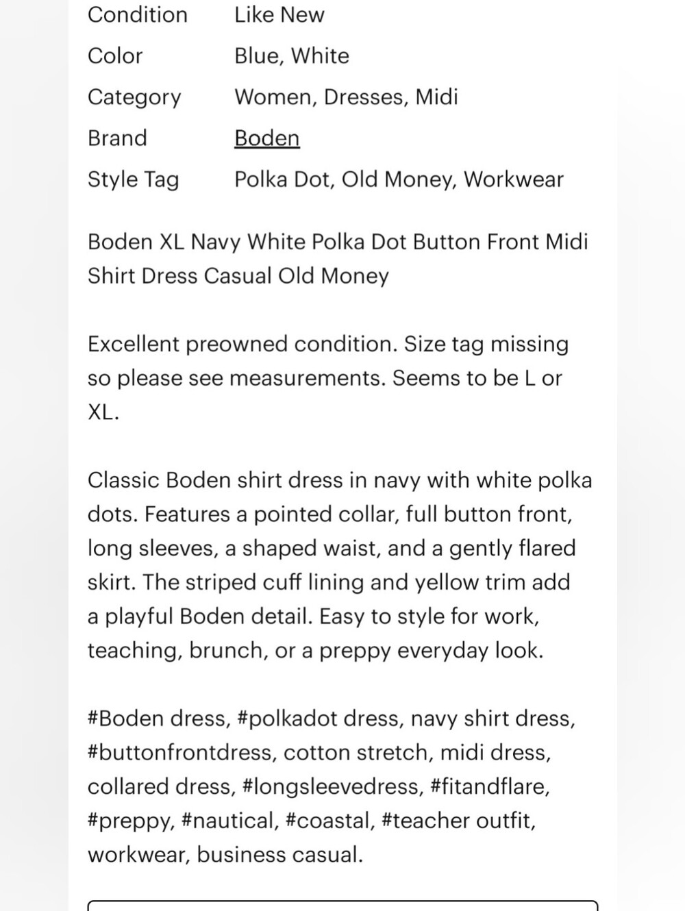Boden XL Navy White Polka Dot Button Front Midi Shirt Dress Work Old Money - Picture 9 of 9